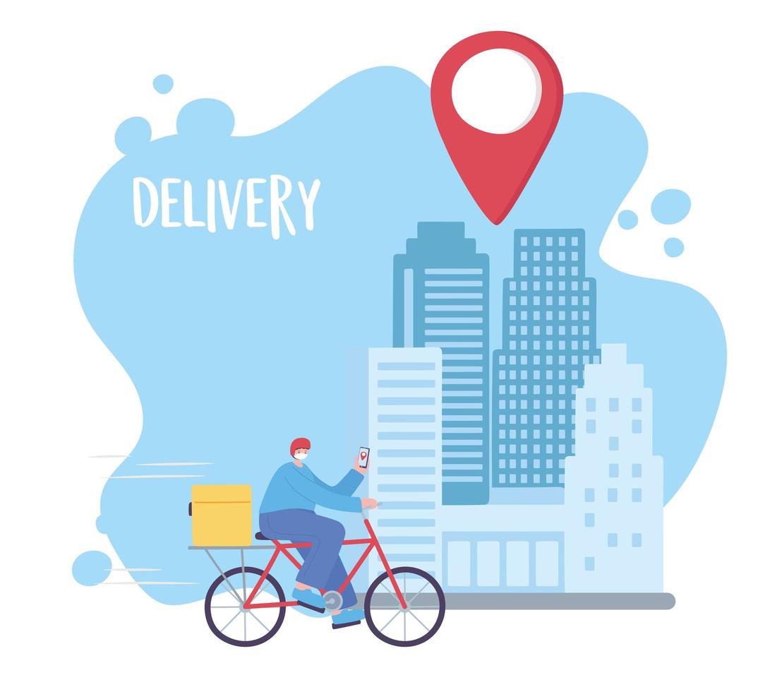 covid 19 coronavirus pandemic, delivery service, delivery man riding bike with mobile in the city, wear protective medical mask vector