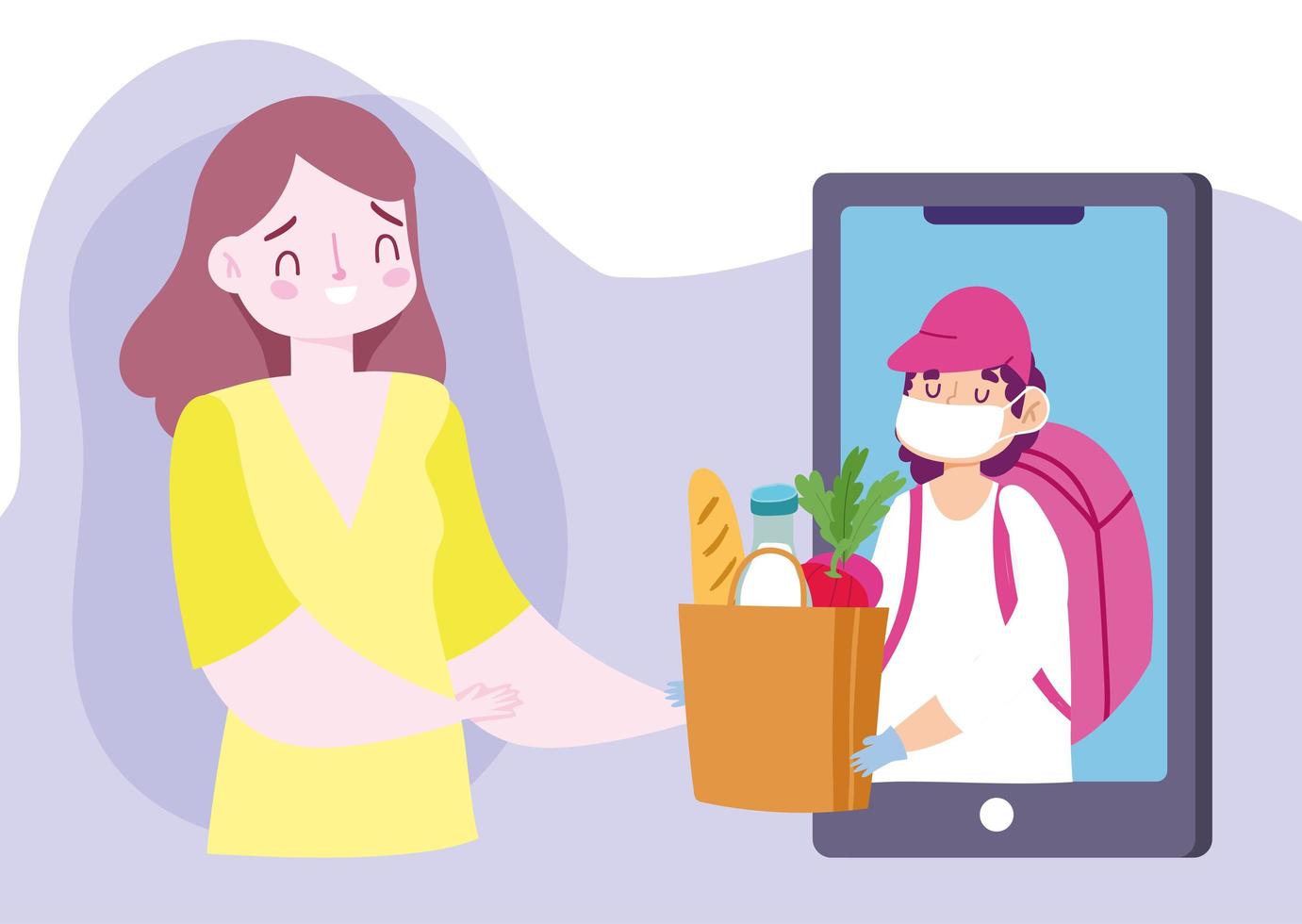 safe delivery at home during coronavirus covid 19, young woman with smartphone order online food market vector