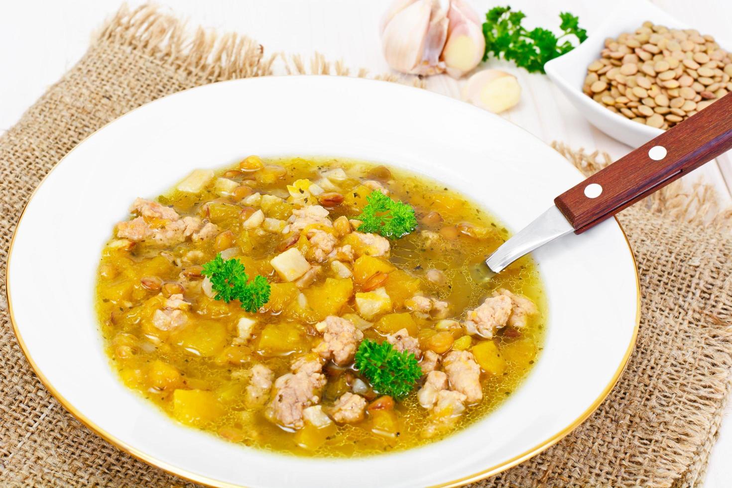 Lentil Soup with Minced Meat, Celery Root, Pumpkin, Onion photo