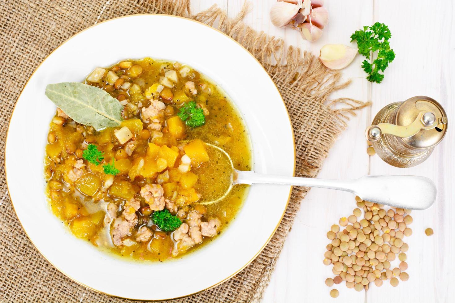 Lentil Soup with Minced Meat, Celery Root, Pumpkin, Onion photo