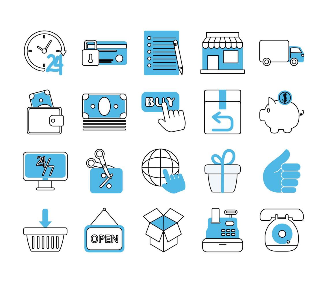 online shopping mobile marketing and e commerce icons set line and fill style vector