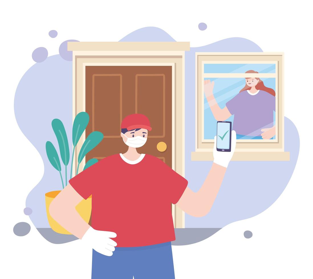 covid 19 coronavirus pandemic, delivery service, delivery man with smartphone and customer in home, wear protective medical mask vector