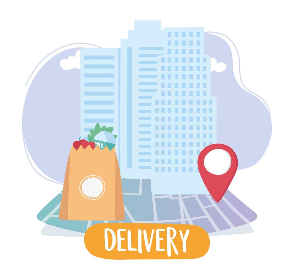 covid 19 coronavirus pandemic, delivery service, market bag navigation map pointer vector
