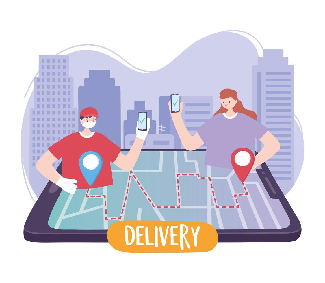 covid 19 coronavirus pandemic, delivery service, delivery man and customer with smartphone order tracking in map vector