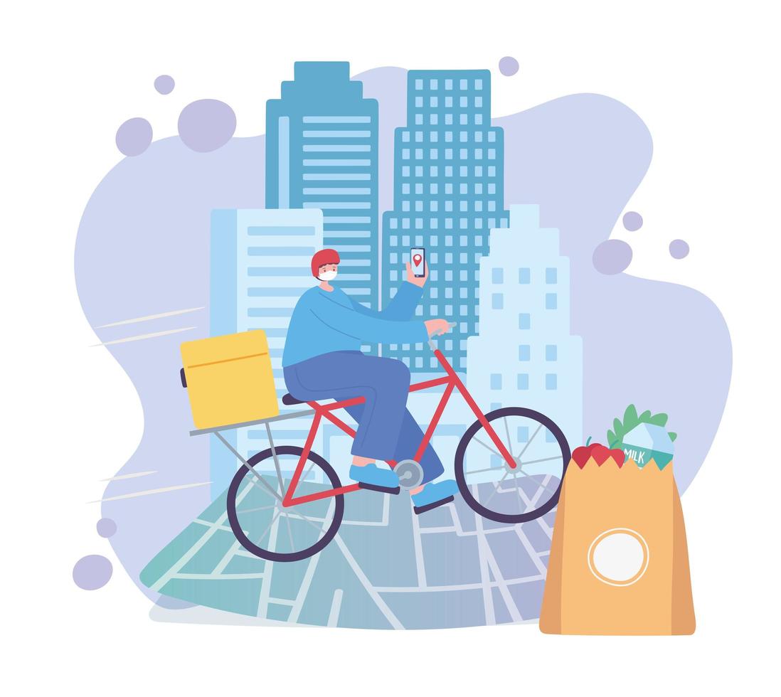 covid 19 coronavirus pandemic, delivery service, man in bike with mobile in map location, wear protective medical mask vector