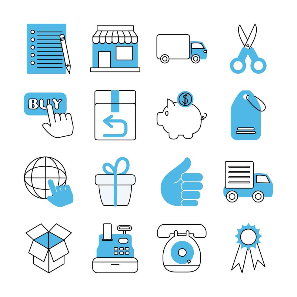 online shopping mobile marketing and e commerce icons set line and fill style vector