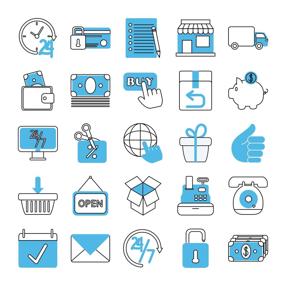 online shopping mobile marketing and e commerce icons set line and fill style vector