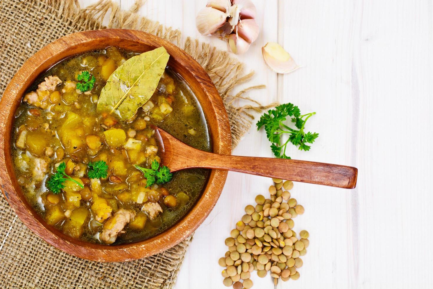 Lentil Soup with Minced Meat, Celery Root, Pumpkin, Onion photo