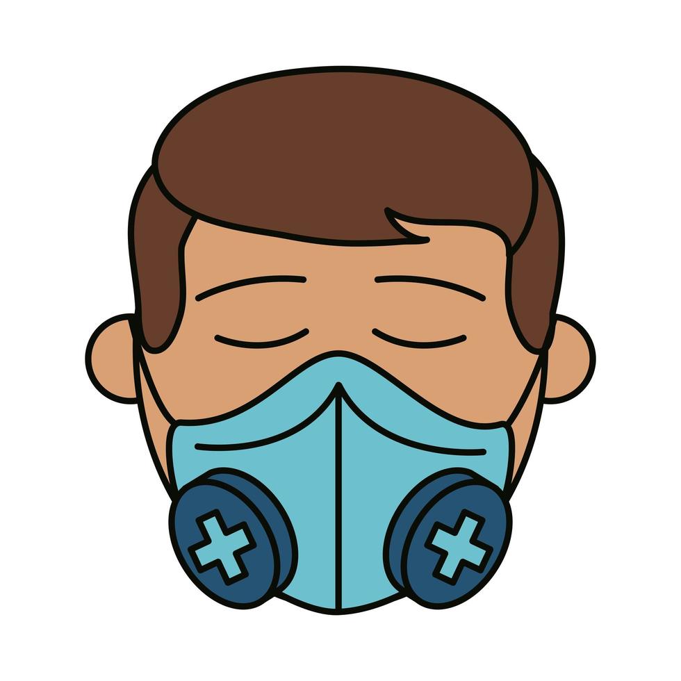 covid 19 coronavirus, hombre con máscara médica n95 prevención propagación brote enfermedad pandémica icono de estilo plano vector