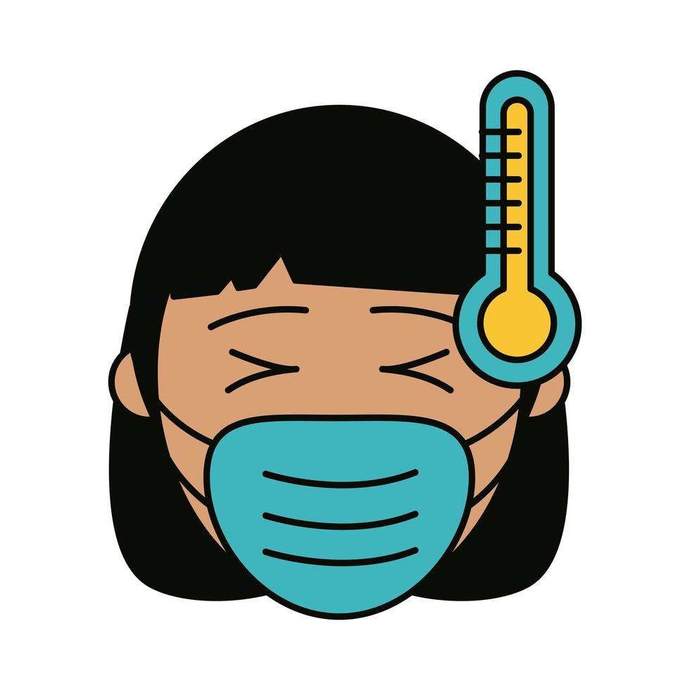 covid 19 coronavirus, mujer con máscara y fiebre, prevención propagación brote enfermedad pandémica icono de estilo plano vector