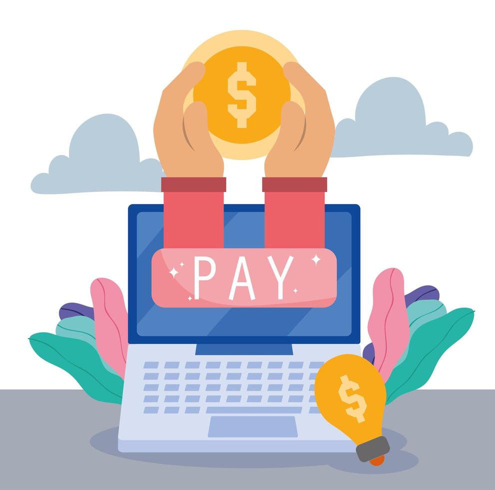 online payment, hands with money in laptop, ecommerce market shopping, mobile app vector