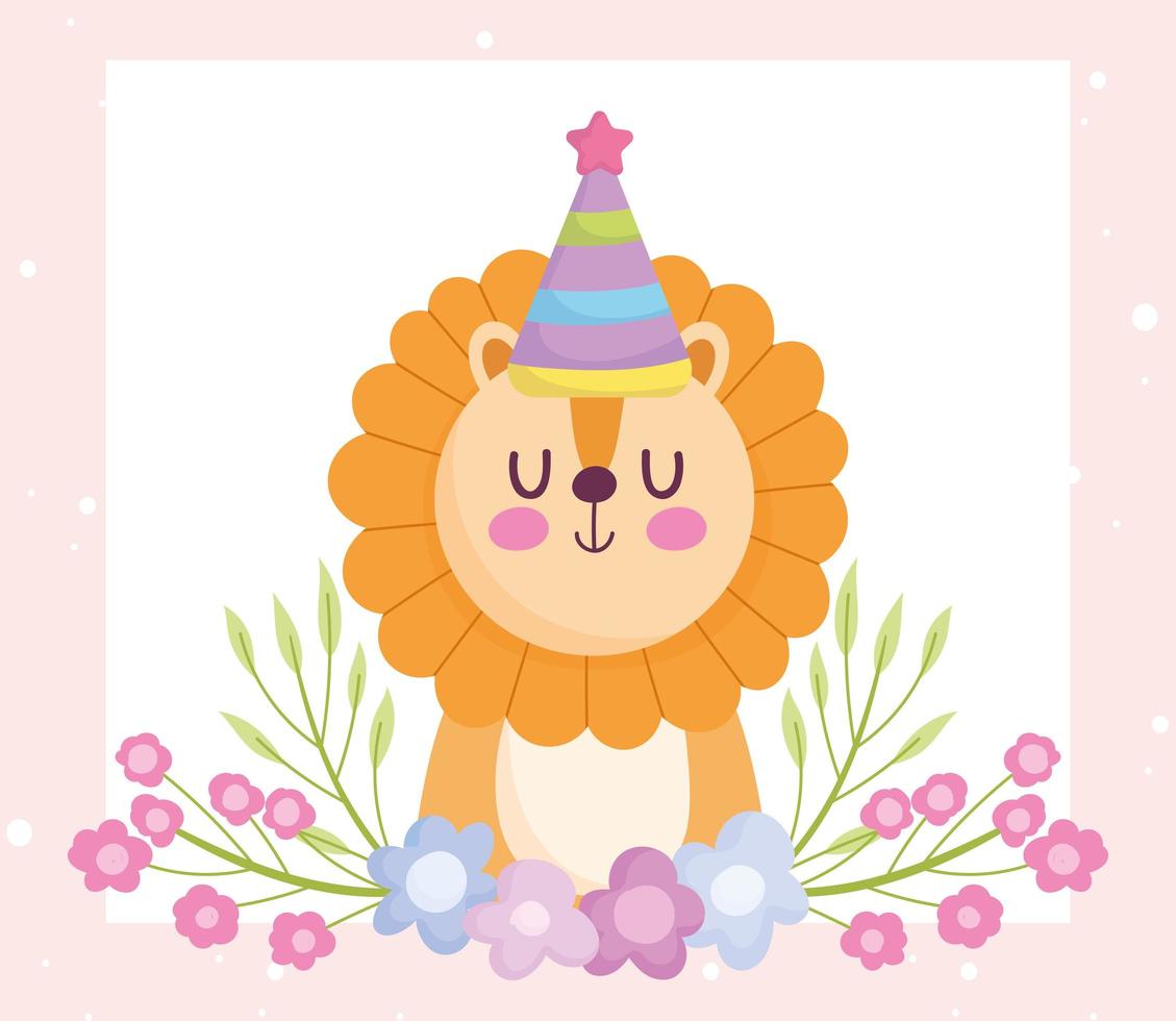 baby shower, cute lion with party hat and flowers cartoon, announce newborn welcome card vector