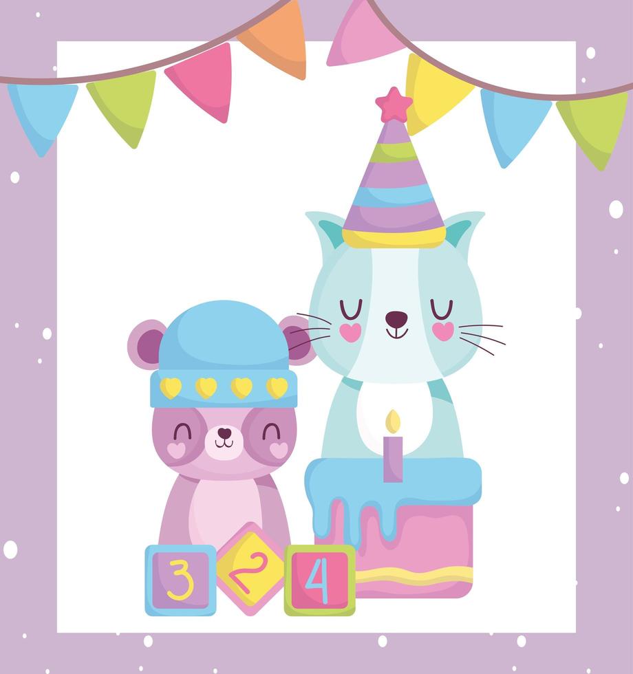 baby shower, lindo oso de peluche gato con sombrero, pastel y juguetes de bloques, anuncia la tarjeta de bienvenida del recién nacido vector