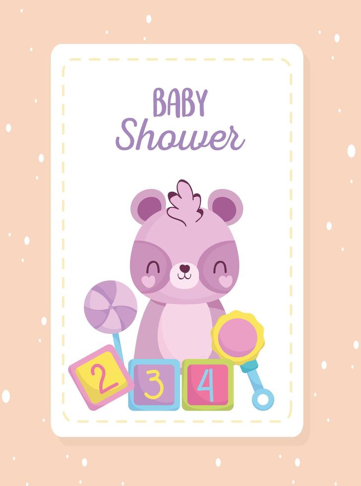 baby shower, cute raccoon with rattle cubes toys cartoon, announce newborn welcome card vector