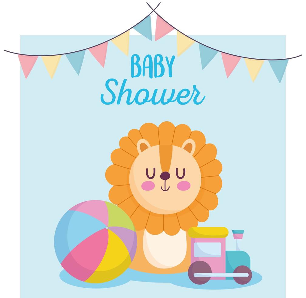 baby shower, lindo león con dibujos animados de tren y pelota, anuncia la tarjeta de bienvenida del recién nacido vector