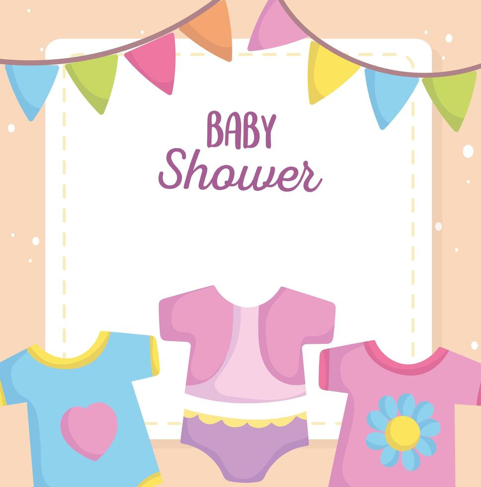 baby shower, bodysuit dress clothes cartoon, announce newborn welcome card vector