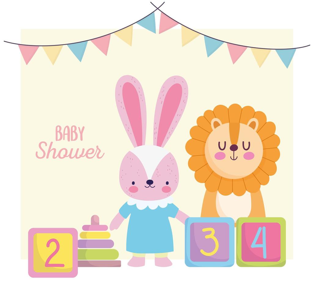 baby shower, cute lion bunny with blocks toys, announce newborn welcome card vector