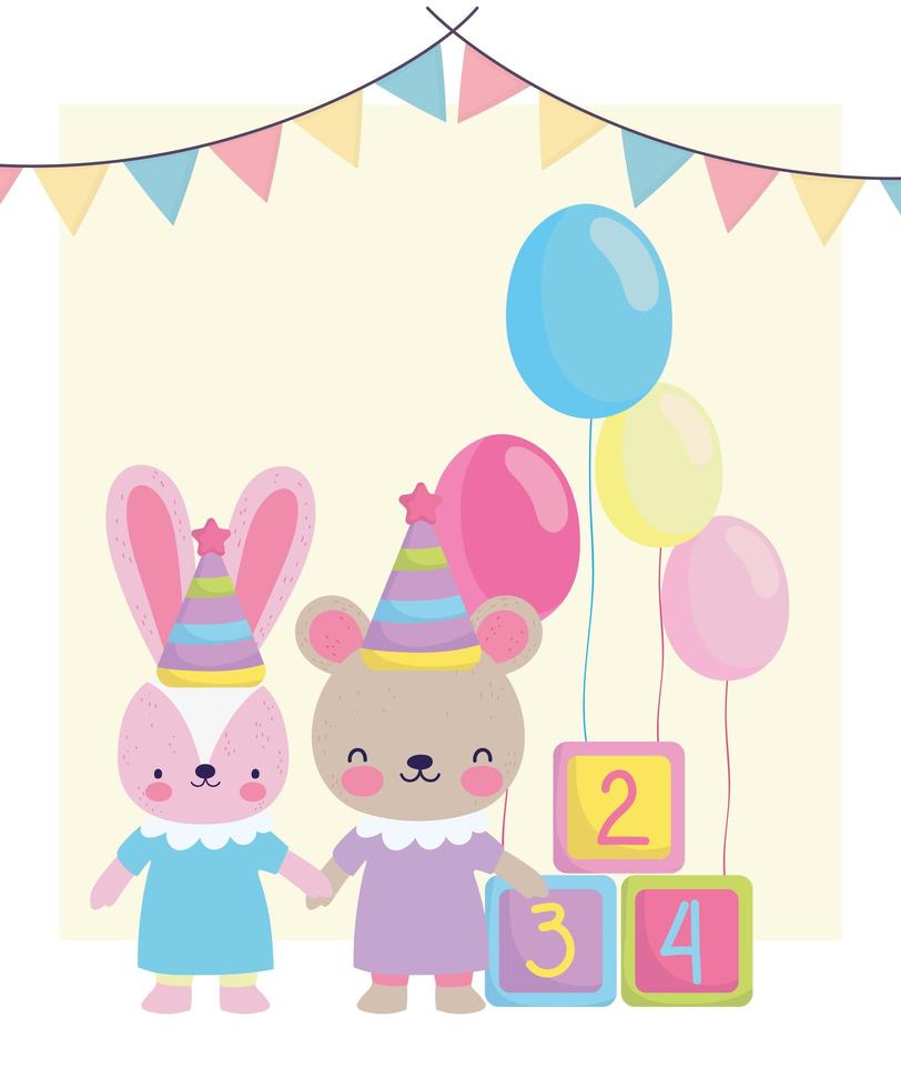 baby shower, cute bunny bear balloons and cubes toy, announce newborn welcome card vector