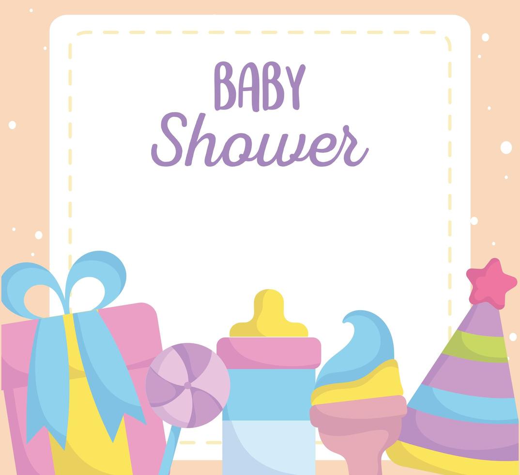 baby shower, gift box rattle hat party, announce newborn welcome card vector