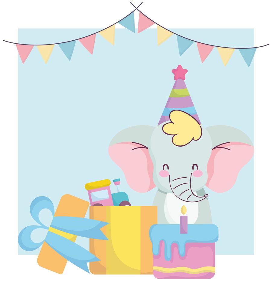 baby shower, lindo elefante con pastel de regalo y juguete de tren, anuncia la tarjeta de bienvenida del recién nacido vector