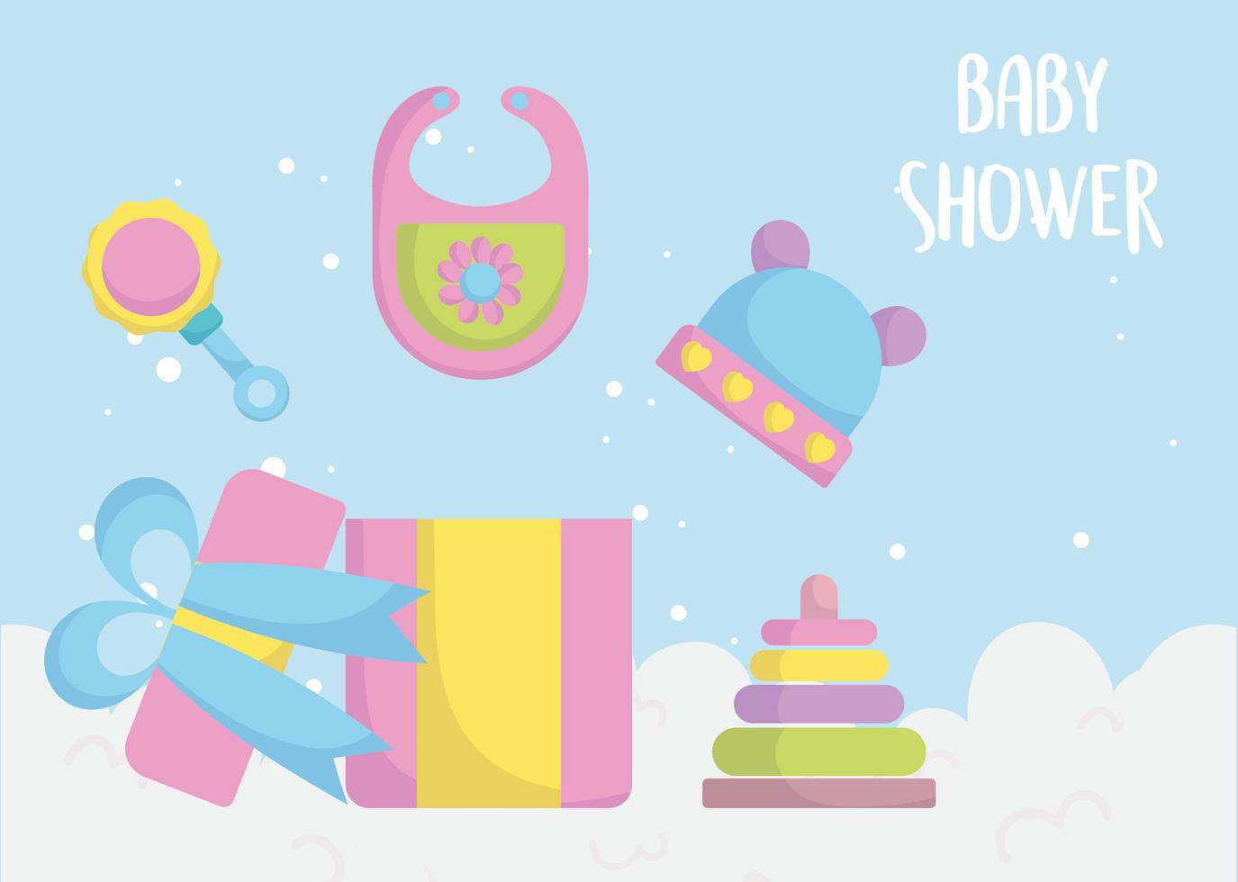 baby shower, caja de regalo, sombrero de babero piramidal y dibujos animados de sonajero, anuncia la tarjeta de bienvenida del recién nacido vector