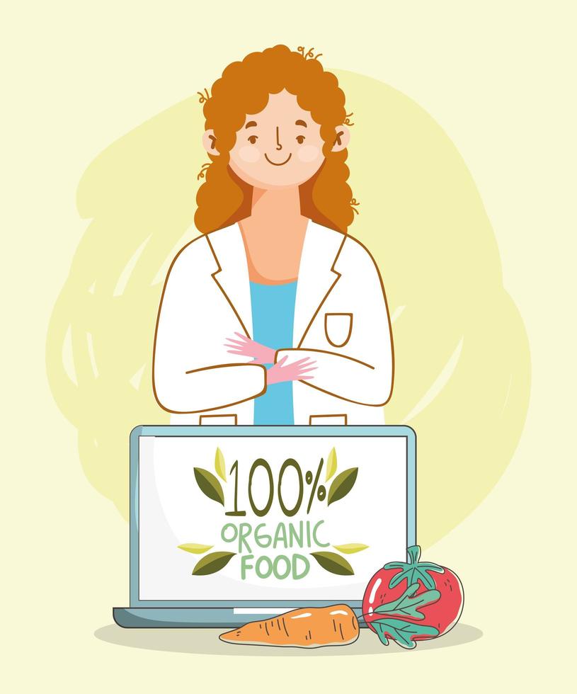 dietitian doctor laptop tomato and carrot, fresh market organic healthy food with fruits and vegetables vector