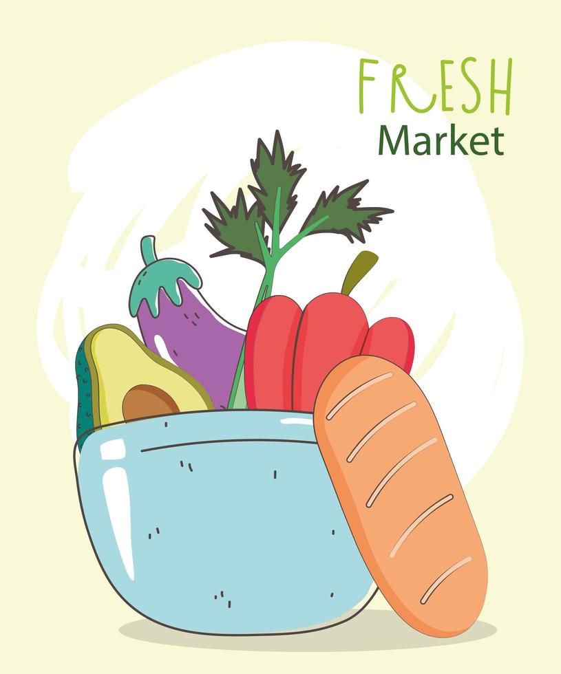 bread and dish bowl with vegetables fresh market organic healthy food vector