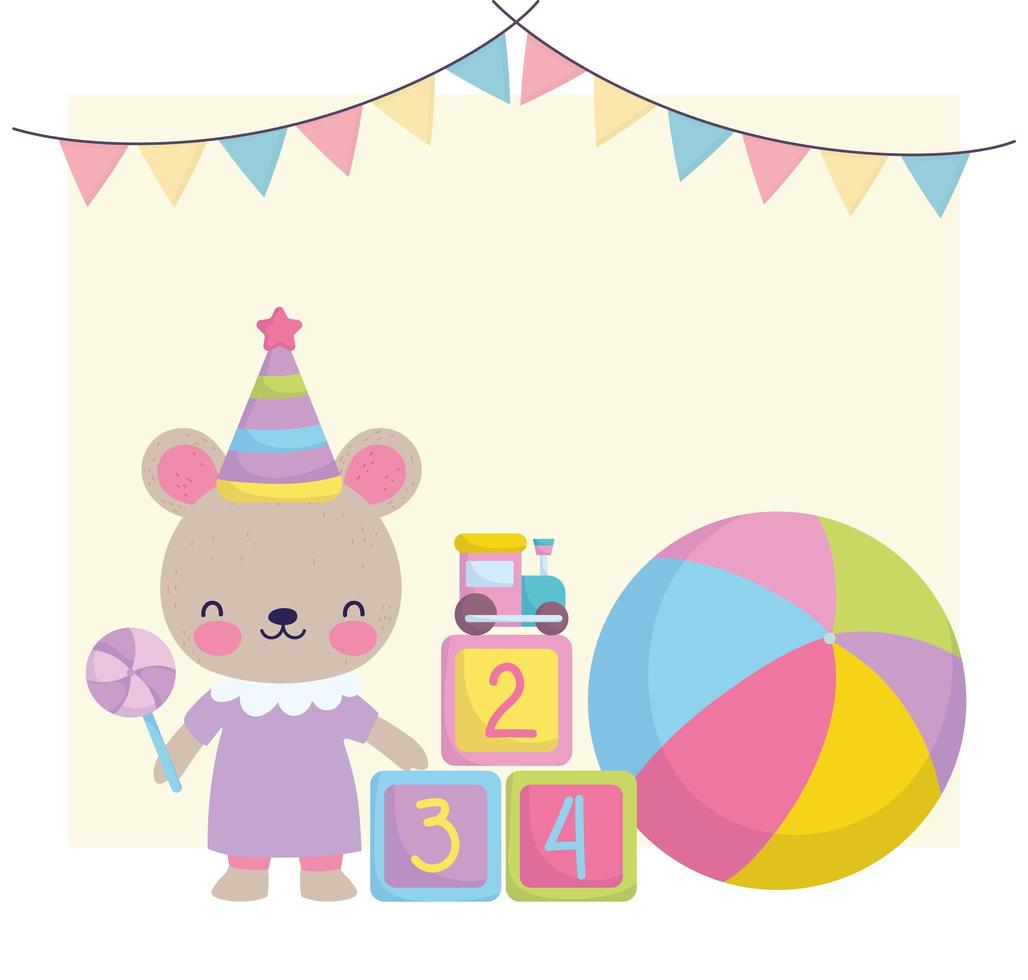 baby shower, cute female bear with ball block and rattle, announce newborn welcome card vector