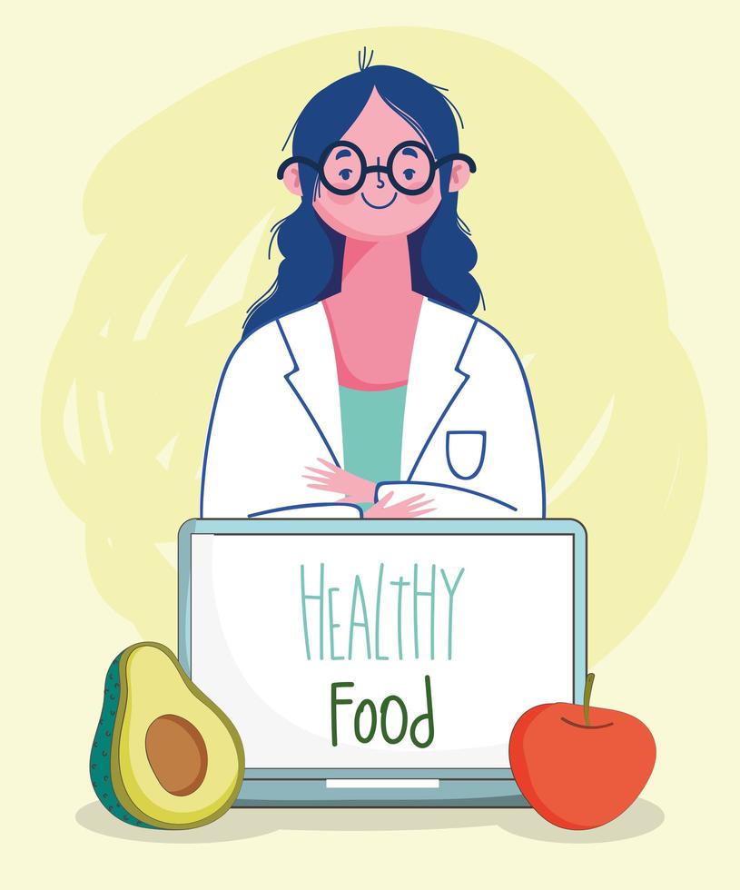 dietitian doctor tomato avocado and laptop, fresh market organic healthy food with fruits and vegetables vector
