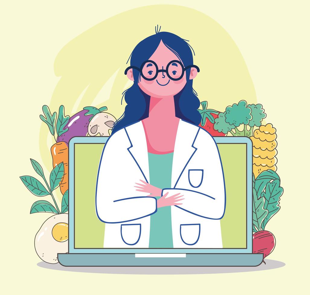 Doctora dietista en video portátil, comida sana orgánica de mercado fresco con frutas y verduras vector