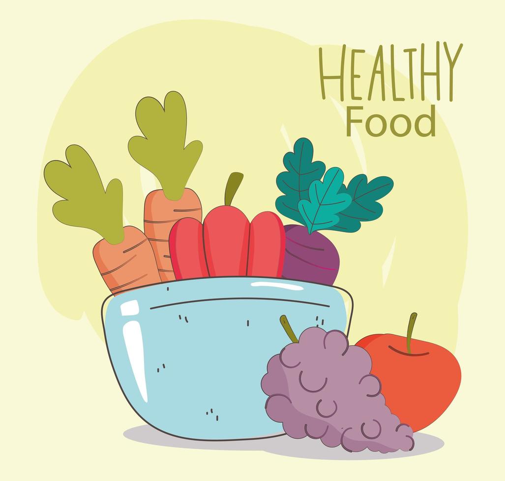 Cuenco con zanahorias, pimiento, uvas y manzana, alimentos saludables orgánicos frescos con frutas y verduras. vector