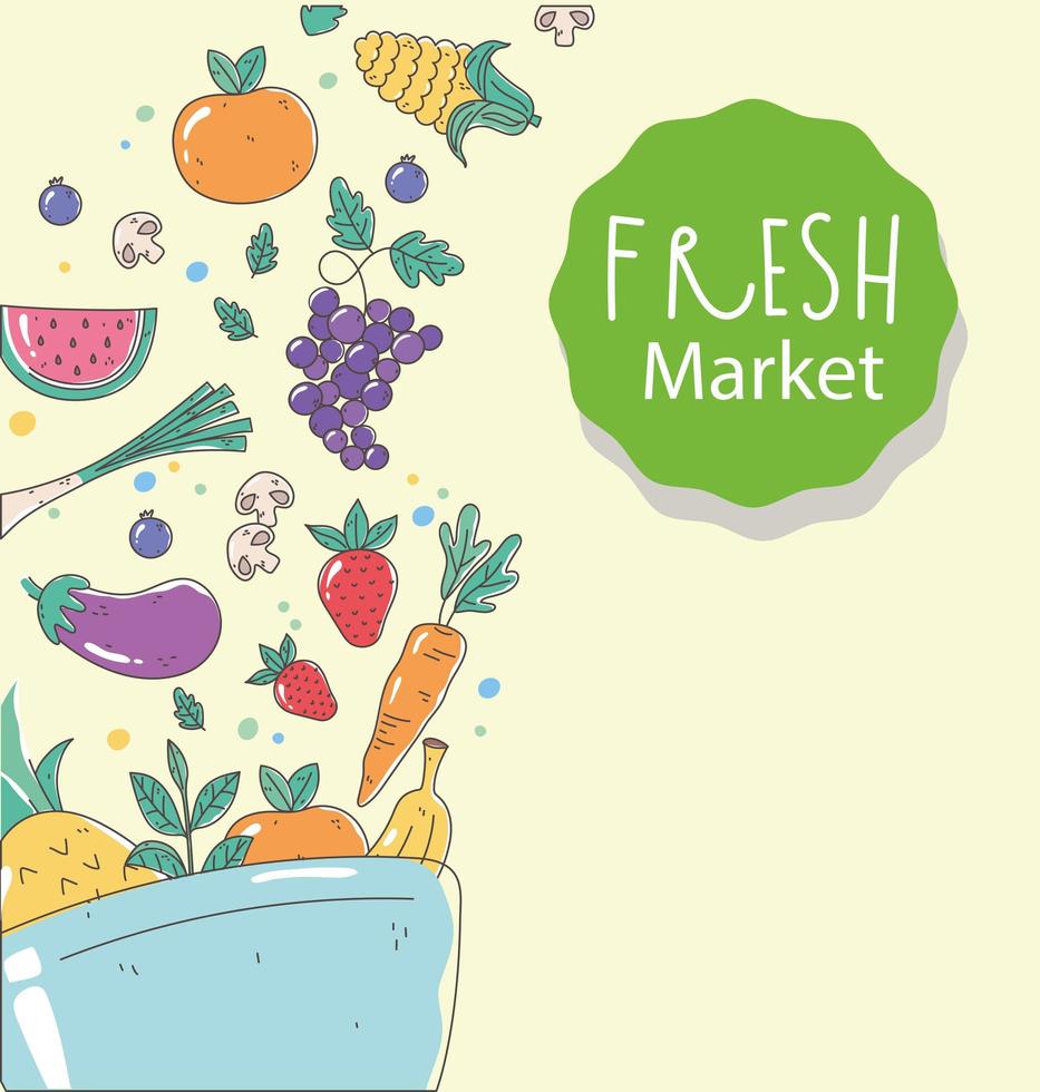 bowl fresh market organic healthy food with fruits and vegetables vector