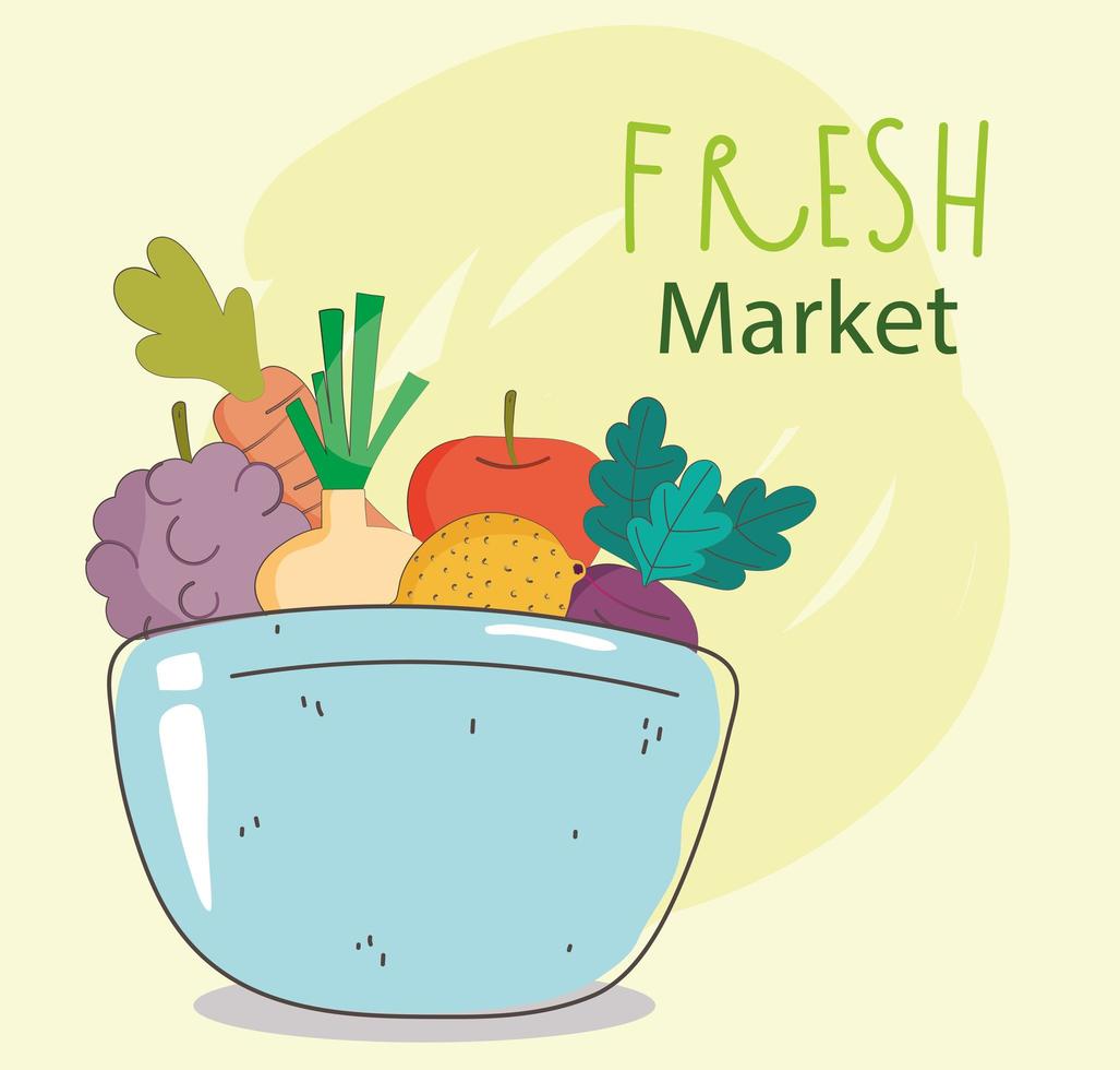 bowl grapes onion apple grapes fresh market organic healthy food with fruits and vegetables vector