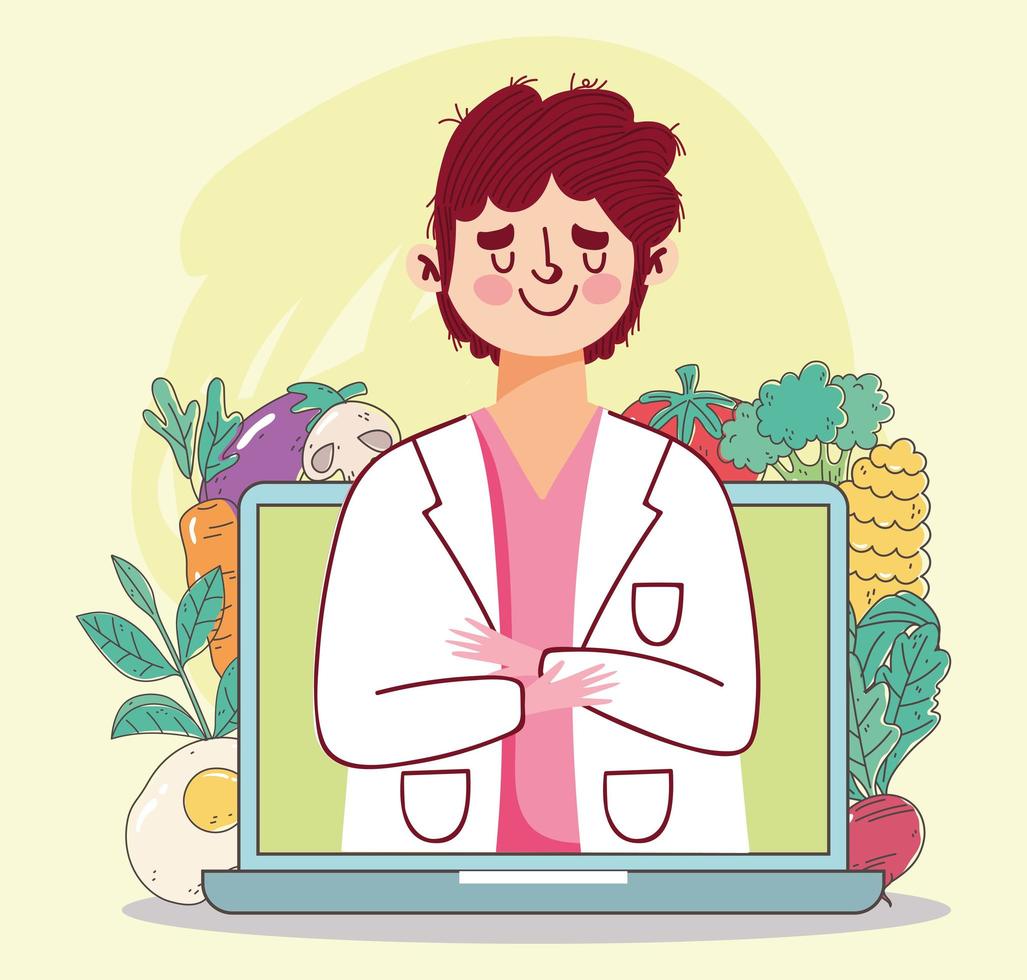 dietitian doctor laptop and ingredients fresh market organic healthy food with fruits and vegetables vector