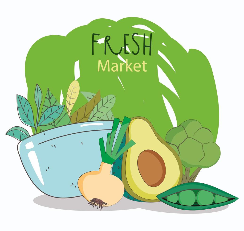 bowl avocado onion broccoli fresh market organic healthy food with vegetables vector