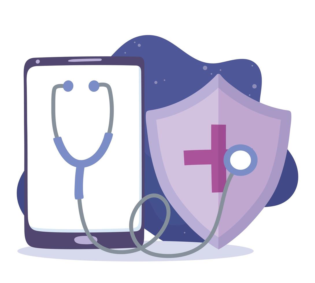 telemedicine, smartphone stethoscope shield medical treatment and online healthcare services vector