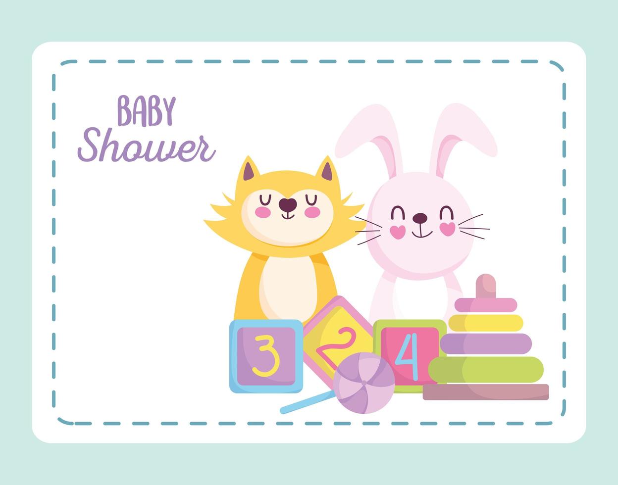baby shower, bunny cat with pyramid cubes and candy cartoon, announce newborn welcome card vector