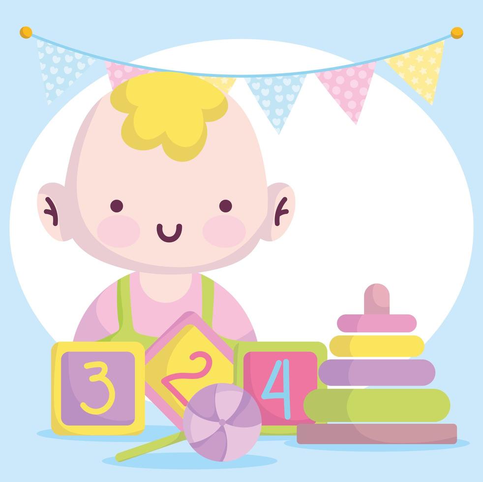 baby shower, little boy with blocks candy and pyramid cartoon, announce newborn welcome card vector