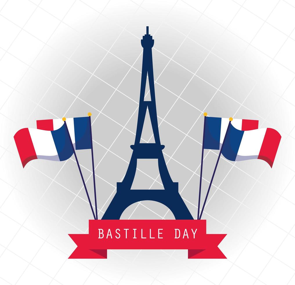 france eiffel tower with flags of happy bastille day vector design
