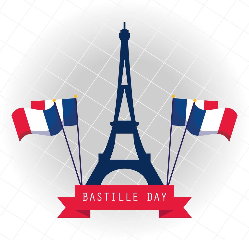 Francia torre eiffel con banderas del feliz día de la bastilla diseño vectorial vector