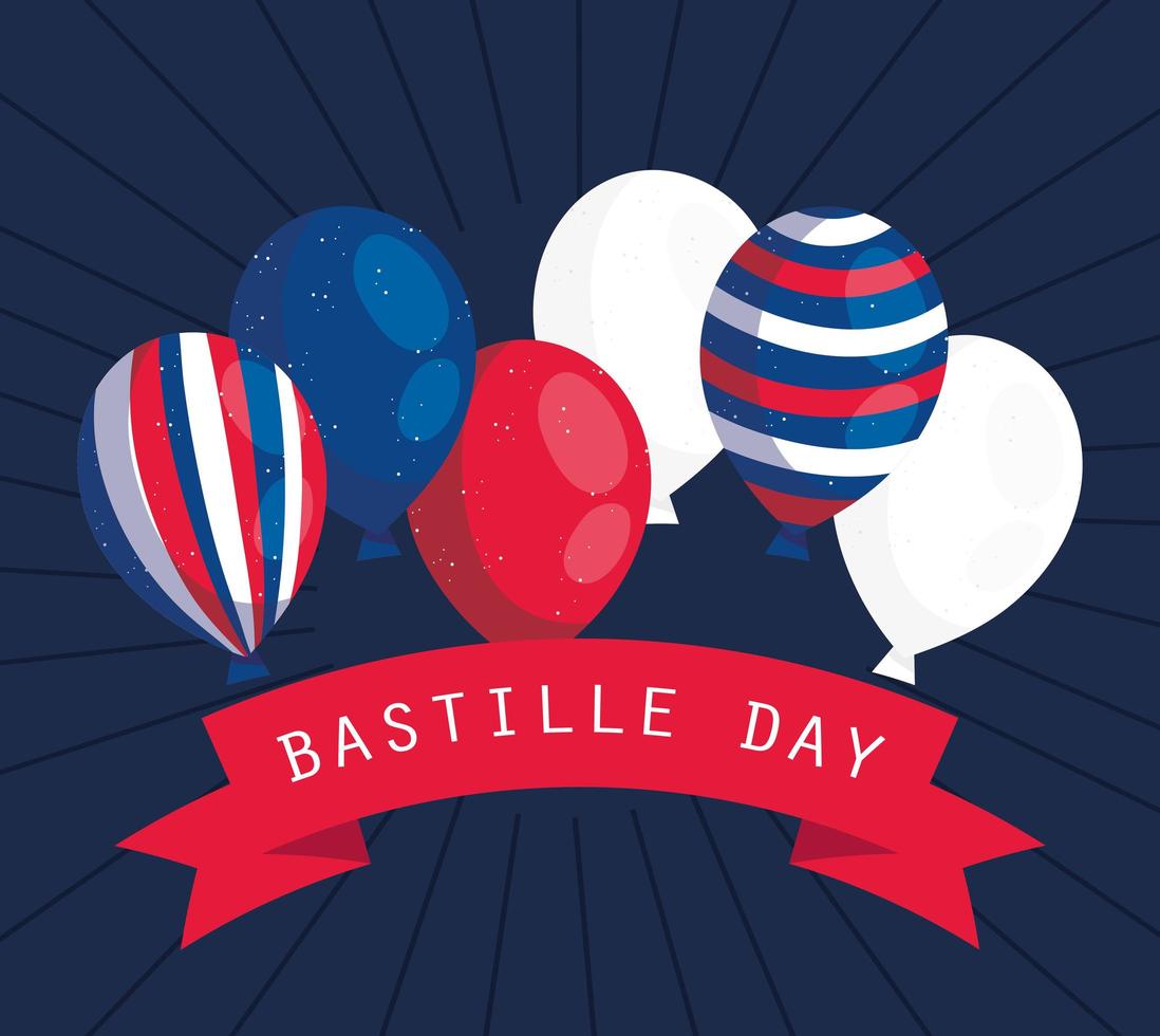 Francia globos con cinta de feliz día de la bastilla diseño vectorial vector