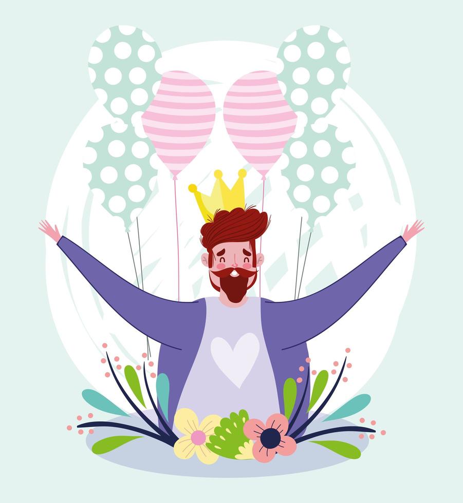 happy fathers day, dad character with crown and balloons flowers vector