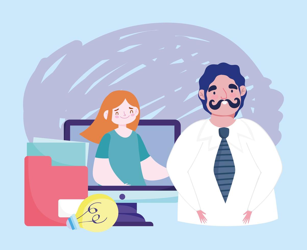 online education teacher and student computer creativity study vector