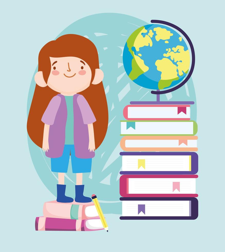 online education student girl standing on stack of books and school globe vector