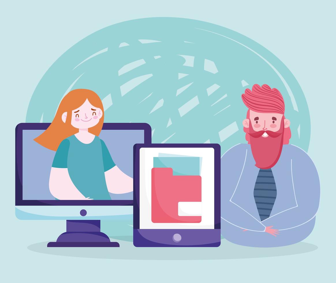 online education teacher man student computer video and smartphone technology vector