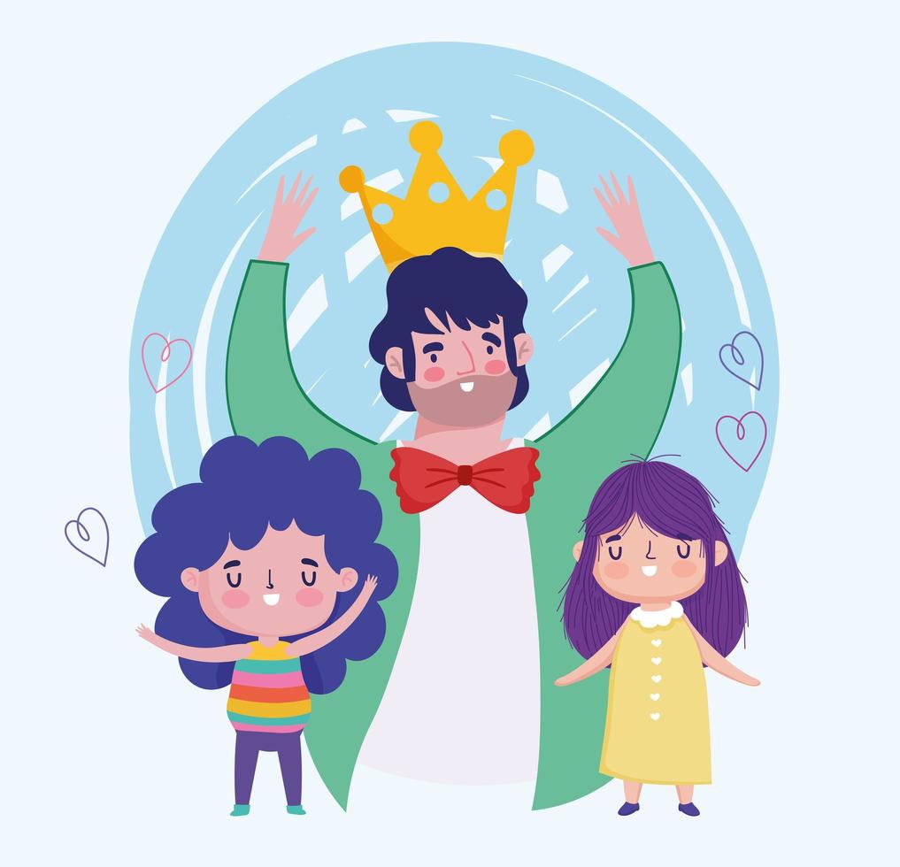 happy fathers day, celebrating dad with crown and kids cartoon vector