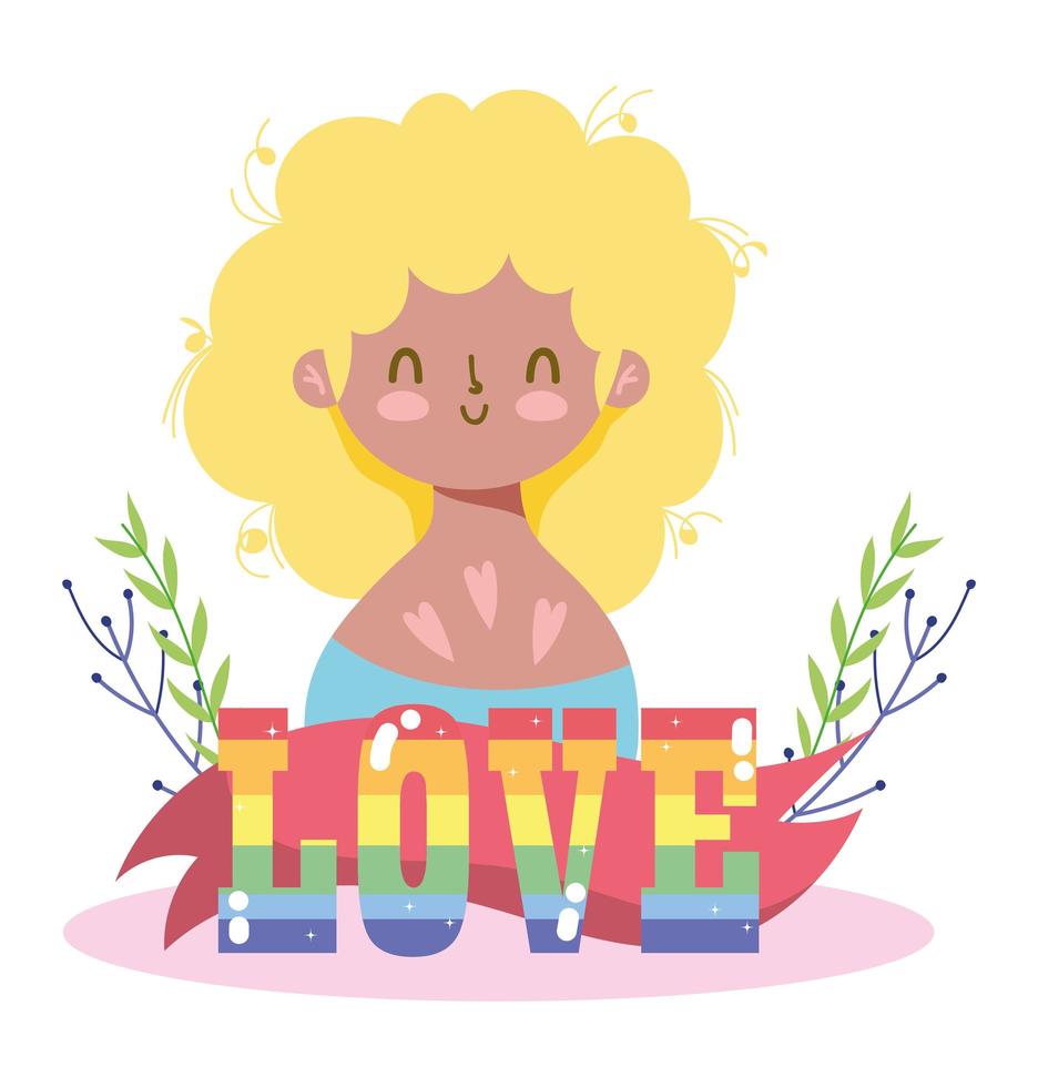 Girl cartoon with lgtbi love text and leaves vector design