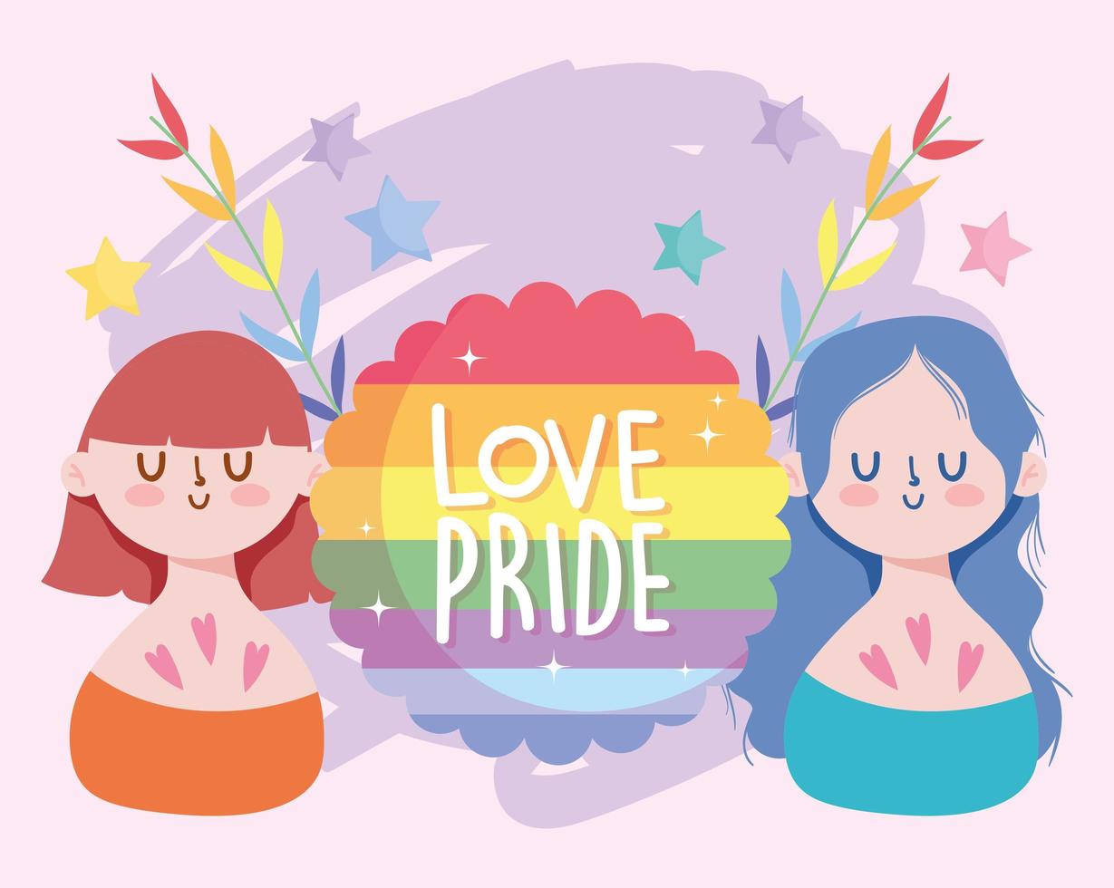 Dibujos animados de niñas con sello de sello lgtbi y diseño vectorial de hojas vector