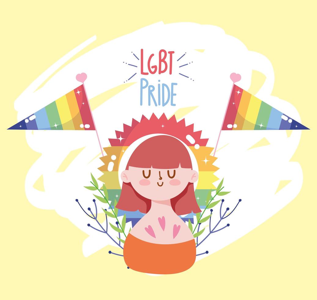 caricatura de niña con banderas lgtbi y sello de sello con diseño de vector de hojas