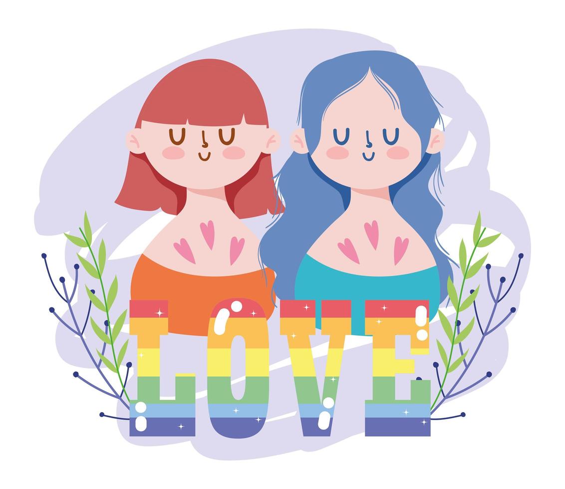 Dibujos animados de chicas con texto de amor lgtbi y diseño de vector de hojas